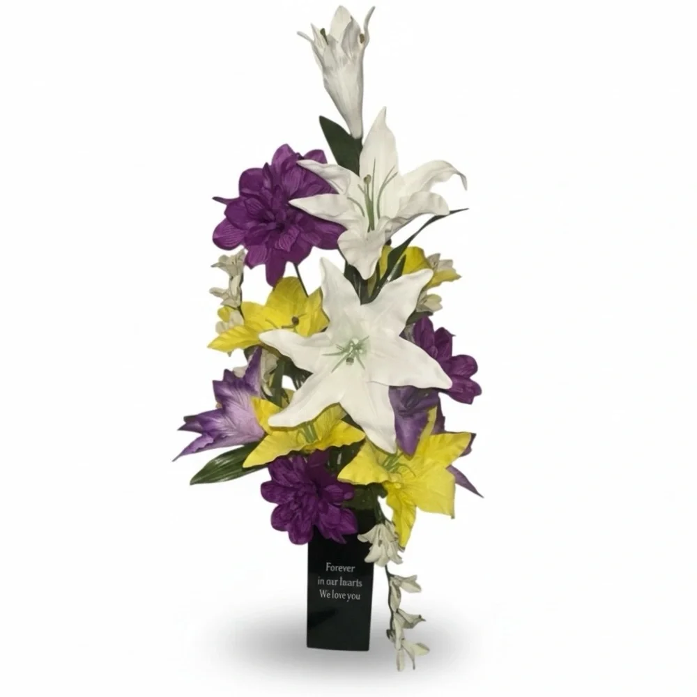 Flower Arrangement Purple White Yellow Cemetery Memorial Metal Vase NEW